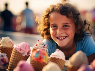 Sticker - A young girl smiles as she sits in front of ice cream cones. Generative AI.