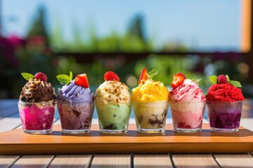 Sticker - A row of glasses filled with different types of ice cream. Generative AI.