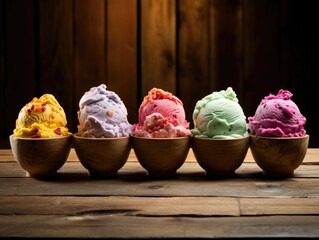 Poster - A row of wooden bowls filled with different colored ice cream. Generative AI.