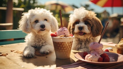 Wall Mural - Two dogs sitting at a table with ice cream and fruit. Generative AI.