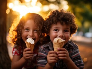two children eating ice cream cones in a park. generative ai.