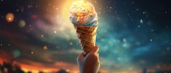 Poster - A hand holding an ice cream cone in the air. Generative AI.