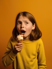 Poster - A little girl eating an ice cream cone. Generative AI.