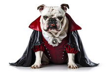 Angry Bulldog In Halloween Vampire Costume Isolated On White Background. Digital Illustration Generative AI.