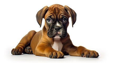 Cute Boxer puppy dog running on isolated on white background. Wrinkle face puppy dog studio portrait photo. Digital illustration generative AI.