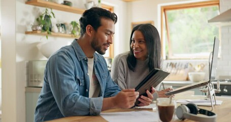 Wall Mural - Kitchen, talking and couple with a tablet, planning a meal and communication with social media, home and internet connection. Network, man or woman with technology, speaking and website information