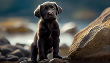 Black Labrador Retriever Standing On The Rock Generative By Ai 
