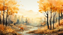 In An Enchanting Autumn Forest, A Fairy Hovers Over A Canal. A Fox Watches, While Trees And Plants Reflect In The River. A Beautiful Watercolor Painting Captures This Magical Moment. Generative AI