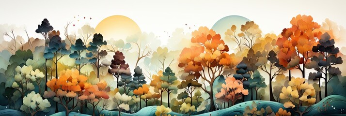 Wall Mural - Autumn trees and leaves watercolor on isolated white background. Orange and green color. Generative AI
