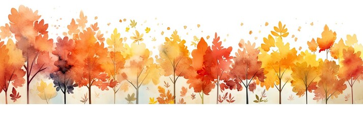 Wall Mural - Autumn trees and leaves watercolor on isolated white background. Generative AI