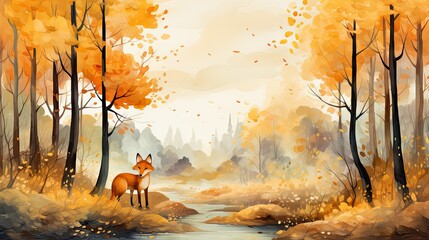 Wall Mural - Autumn trees and leaves watercolor on isolated white background. Generative AI
