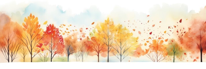 Wall Mural - Autumn trees and leaves watercolor on isolated white background. Generative AI