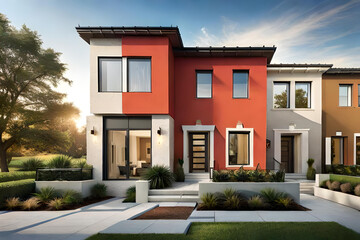 Wall Mural - Colorful stucco traditional private townhouses. Residential architecture exterior 