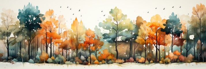 Wall Mural - Autumn trees and leaves watercolor on isolated white background. Orange and green color. Generative AI