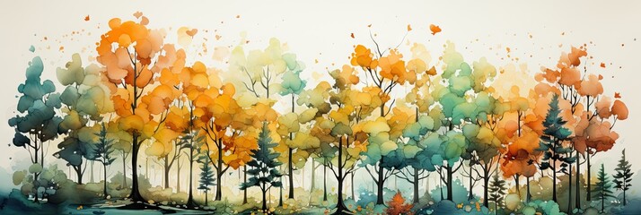 Wall Mural - Autumn trees and leaves watercolor on isolated white background. Orange and green color. Generative AI