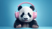Cute Panda Bear Baby In Headphones Listening To Music. Ai Generation