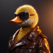 Image of a duck wore sunglasses and wore a leather jacket on clean background. Farm animals. Illustration, Generative AI.
