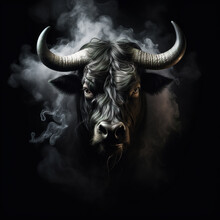 Image Of An Angry Bull Face With Fire Smoke On Black Background. Wildlife Animals. Illustration, Generative AI.