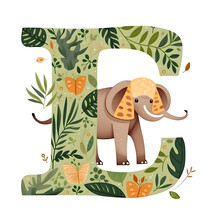 Alphabet Letter E With Elephant.leaves And Butterflies. Vector Illustration.