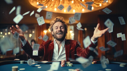 Wall Mural - A happy man winning poker in casino and money flying around him