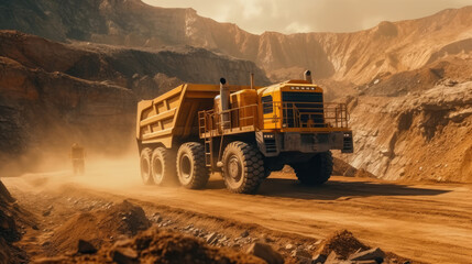 A yellow haul truck in the mine