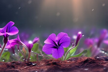 Spring Symphony: Purple Petunia Flowers Growing From Ground On Beautiful Rainy Day