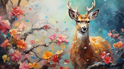 Deer or antler with fantasy forest colorful butterflies and flowers background. Generative AI