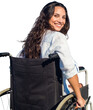 Digital png photo of disabled happy caucasian woman in wheelchair on transparent background