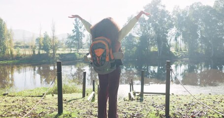 Sticker - Woman, morning sunshine and hiking with stretching, celebration and achievement on journey in nature. Girl, outdoor adventure and celebrate for fitness goal in woods, forrest and freedom in summer