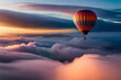 A hot air balloon flying over a sea of ​​clouds. Stunning collection of white clouds from above with sunlight over the horizon