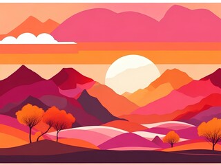 Sticker - landscape sunset with mountains