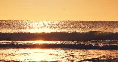 Wall Mural - Golden sunrise over ocean beach shore. beautiful morning sea horizon