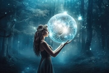 Wall Mural - Illustration of fairy woman with an magic ball, Generative AI