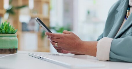 Poster - Office, phone and business person hands typing online research, mobile info search or review social network app. Networking closeup, smartphone connect or professional employee contact cellphone user