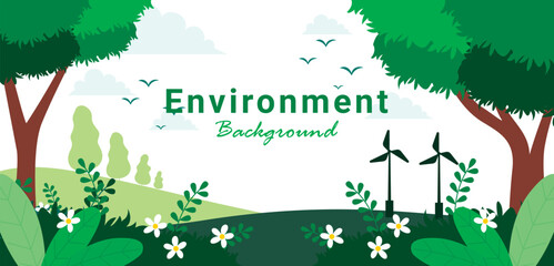 flat environmental landscape background with grass and two trees, nature inspired vector illustratio