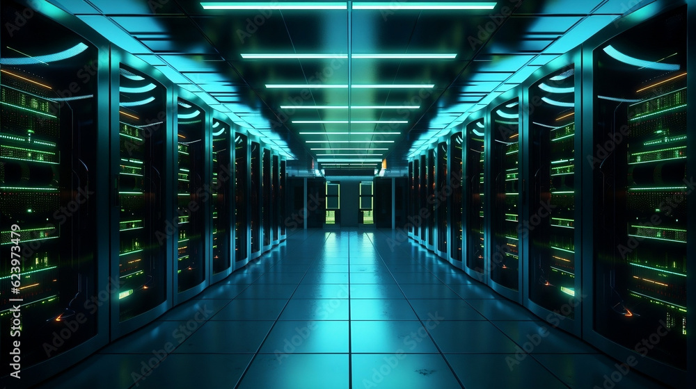 Server room or server computers with servers racks with blue lights ...