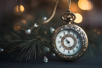 Small clock with jewelry as Christmas tree decoration, neural network generated photorealistic image