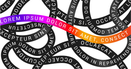 Wallpaper made of Black Stripes with text and the Rainbow Stripe. A Pattern of intertwined black Threads. Vector illustration.
