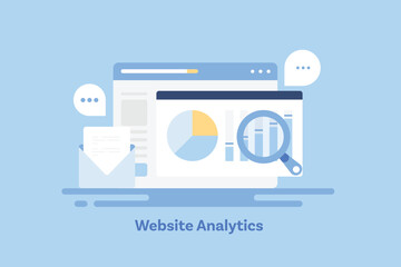 Analytics dashboard with infographic chart and data graph, SEO web traffic examine, business and financial report, marketing KPI with email notification, internet technology interface UI web banner.