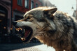 Aggressive growling wolf attack on city street, close-up of rabid dangerous predator