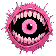 Pink monster eyeball in mouth jaw with teeth comic cartoon illustration isolated - Generative AI