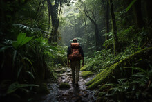 Adventurous Travel: Explorer Trekking Through A Dense Jungle