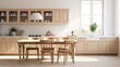 © khwanchai - Scandinavian classic kitchen with wooden and white details, Luxury Kitchen Interior in white tone, Generative ai
