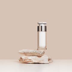 Wall Mural - Pump bottle mock up cosmetic product, glass jar with mirror, on stones with beige background, copyspace. Natural Organic Spa product template, pastel color aesthetic photo, beauty cosmetics