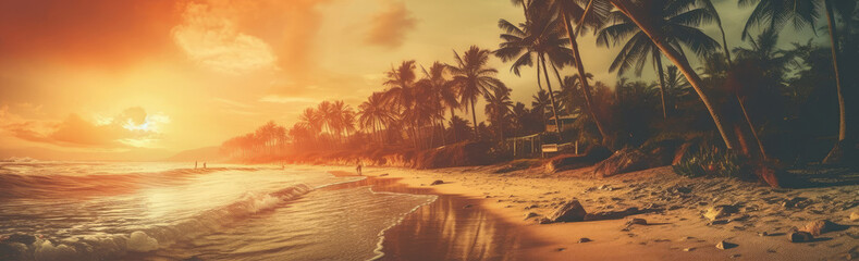 Leinwandbilder - Sunset on the Ocean Sand Beach with Palm Trees Landscape extreme closeup. Generative AI