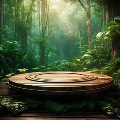 Poster - Empty Product Wooden Round Stage Podium in Green Forest Natural Environment extreme closeup. Generative AI.