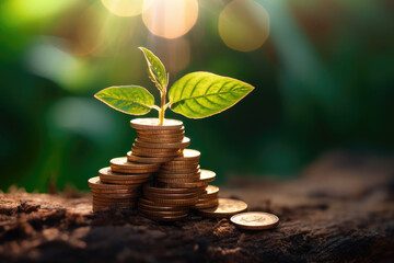 Poster - Wealth Business Concept. New Tree Growing in a Stacks of Coins extreme closeup. Generative AI