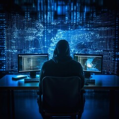 hacker sitting at the computer, cyber security and anti-spyware concept . AI generated