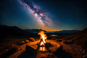 Amazing campfire with star universe background. Stardust in deep universe, Milky way galaxy