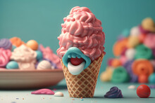 Ice Cream In Waffle Cone With Funny Face And Sprinkles On Table
